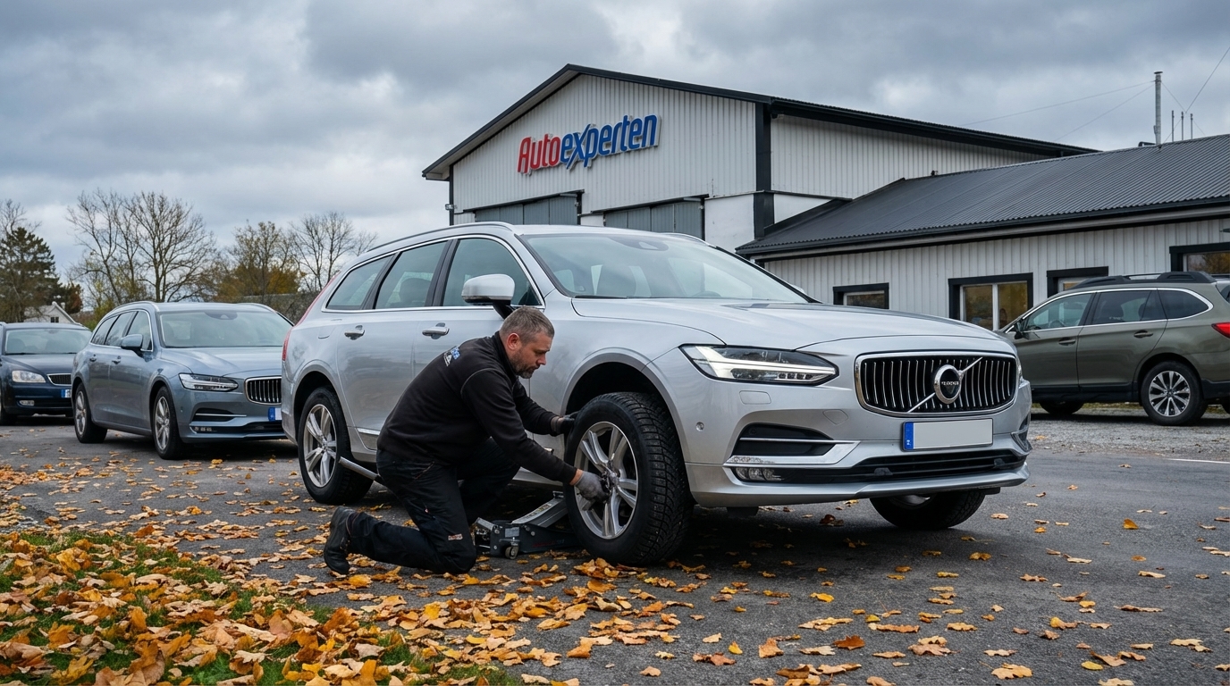 Höstmorgon vid verkstaden — dimma, löv och strålkastare i mörkret