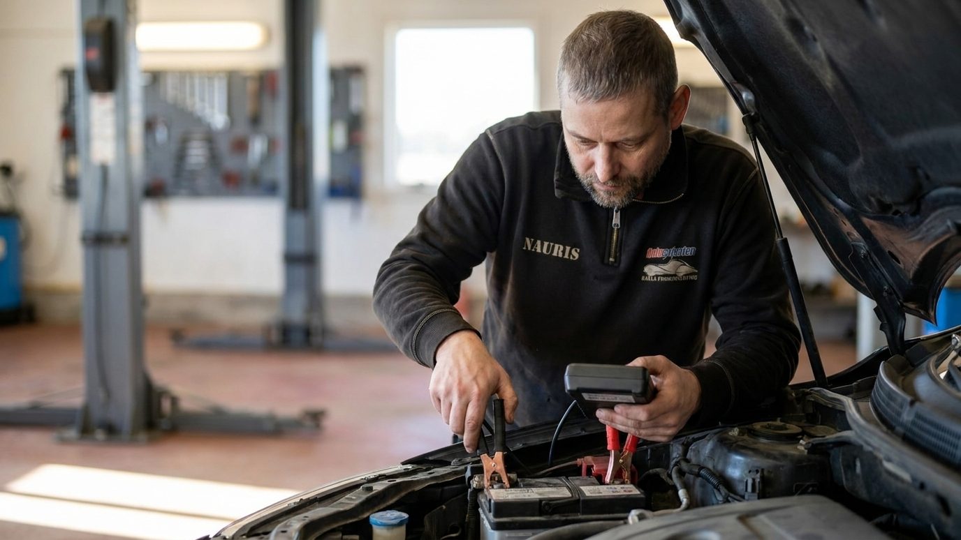 Nauris kopplar en batteritestare till bilbatteriet under en öppen motorhuv i verkstaden