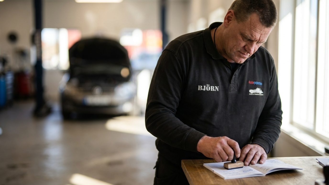 Björn stämplar serviceboken till en ny bil vid disken i verkstaden
