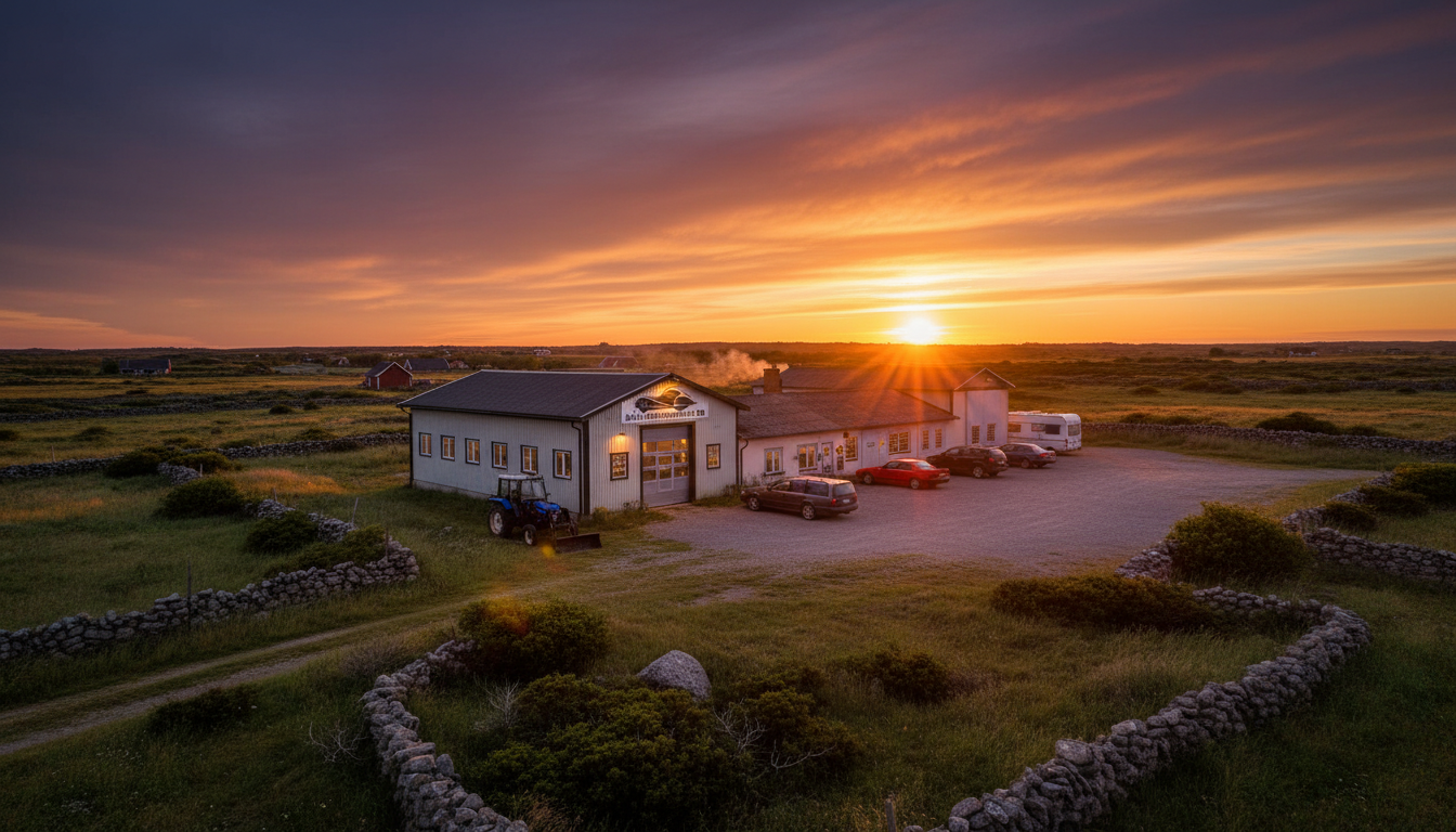 Källa Fordonservice — auto workshop in northern Öland with open fields and blue sky