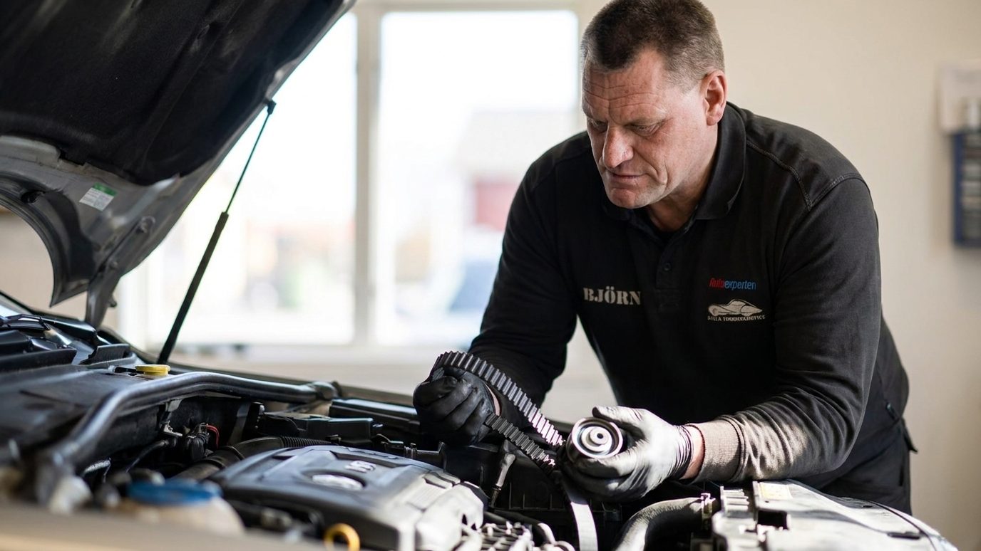 Björn med ny kamrem och spännrulle vid en öppen motor hos Källa Fordonservice