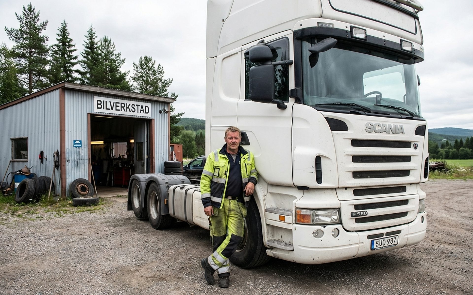 Scania lastbil parkerad utanför Källa Fordonservice i Löttorp.