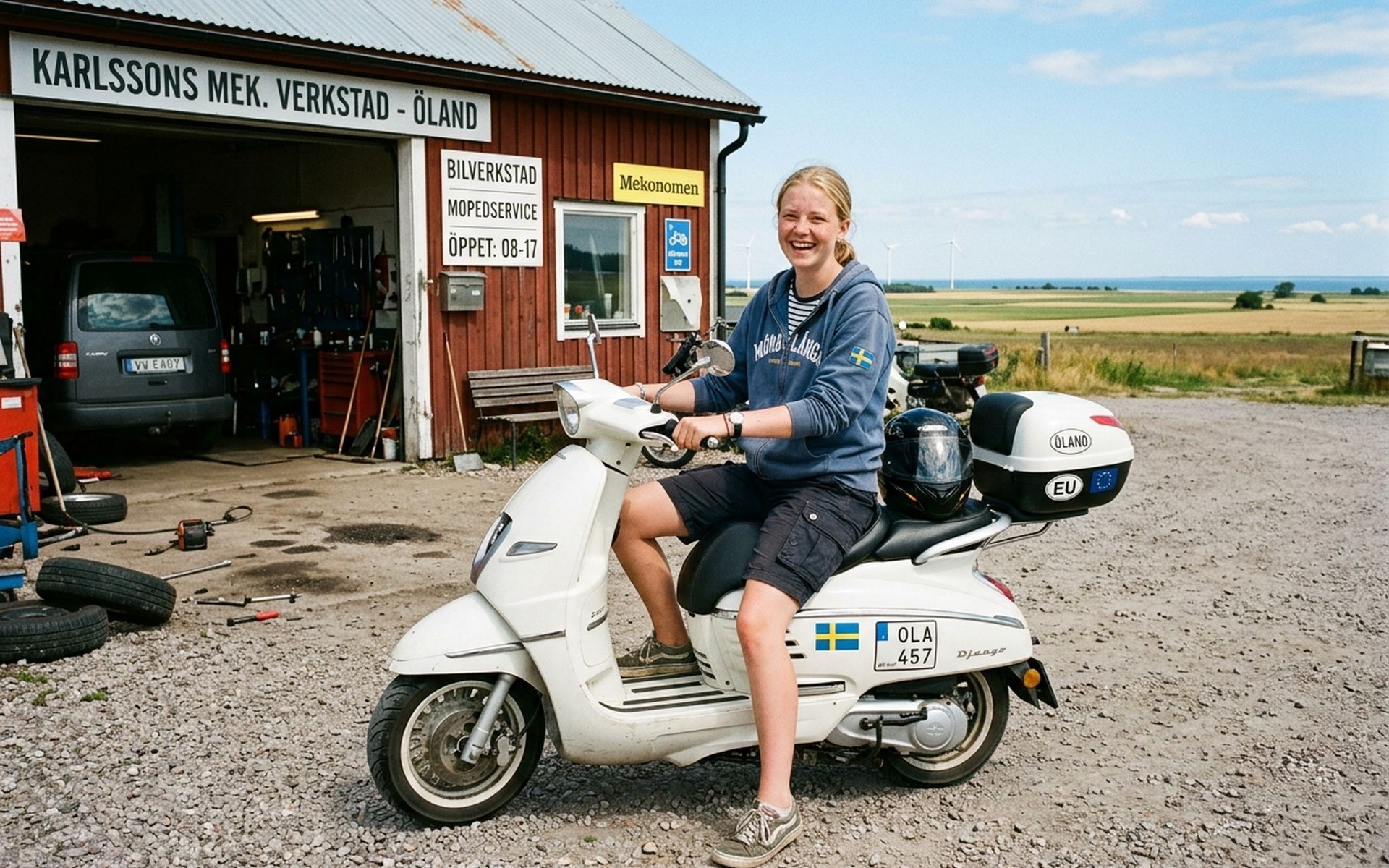 Tonåring lämnar in sin klass 1-moped till Björn och Nauris utanför verkstaden.