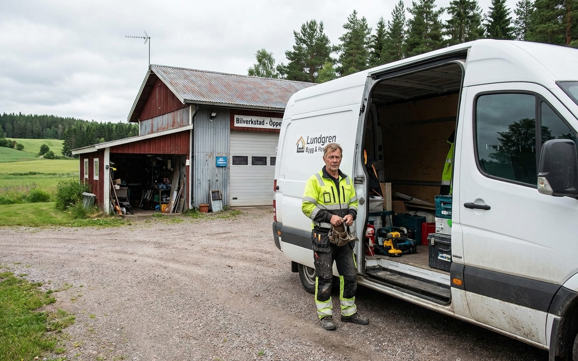 Vit skåpbil utanför Källa Fordonservice i Löttorp.