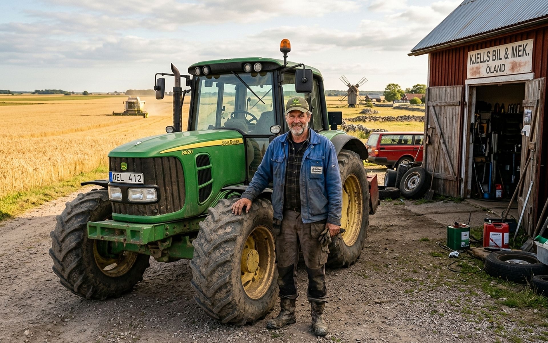 Grön traktor parkerad utanför Källa Fordonservice i Löttorp.